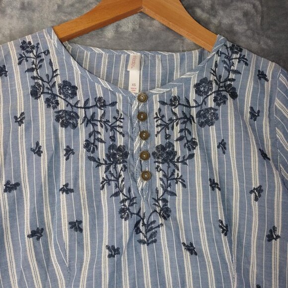 Boho Embroidered Peplum Blouse Women's XS Blue Striped Cotton Short Sleeves - Picture 8 of 10